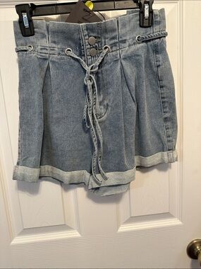 Women's Light Blue Denim Paperbag Waist Shorts with Lace-Up Front